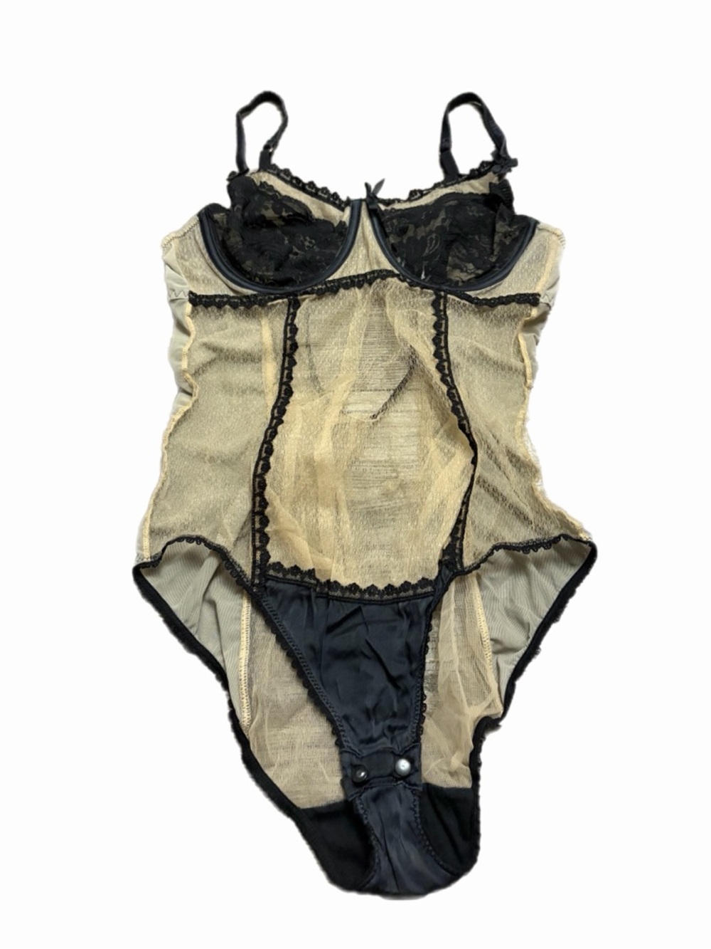 90s European Vintage Mimi Holliday Sheer Lace Accents Bodysuit Teddy Tan/Black M
